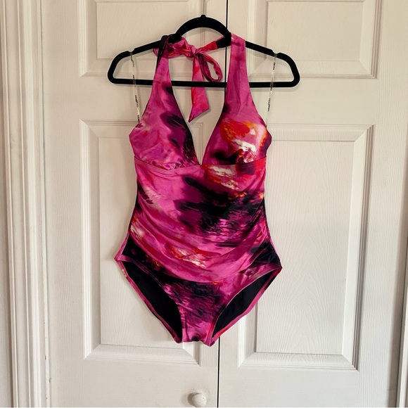 DKNY halter one piece swimsuit pink print LARGE - Picture 1 of 4